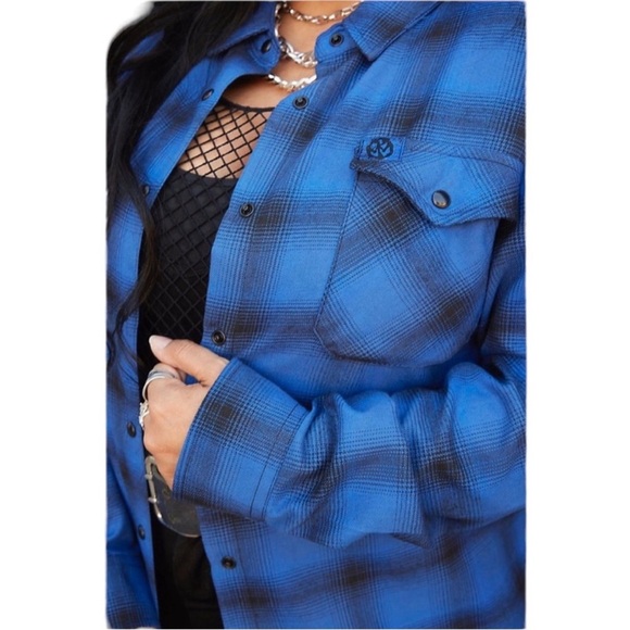 DIXXON Tops - Dixxon Pennywise Flannel Shirt Women’s Medium Blue Black Plaid Pearl Snap Button